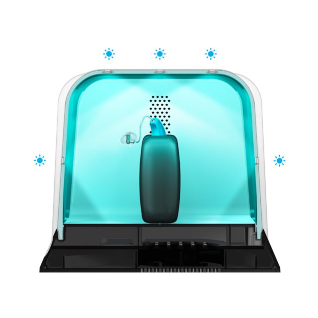 PerfectDome UV-reinigingskap blauw licht in werking bij hoortoestel, zijaanzicht