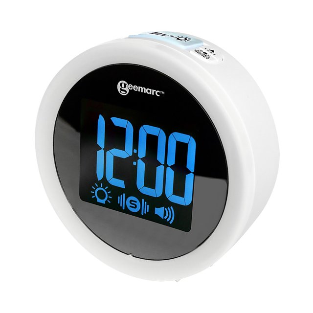Grote digitale wekker Geemarc Wake & Shake Star met helder blauw LED-display en intuïtieve icoontjes voor licht, trillen en geluid.