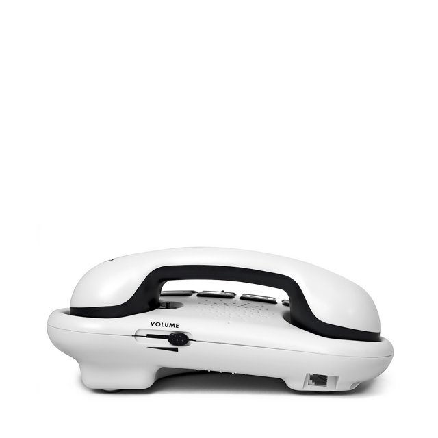 Geemarc Amplipower 50 Tweede Kans - Linker zijaanzicht vaste telefoon, wit model, met headset- en stroomaansluiting