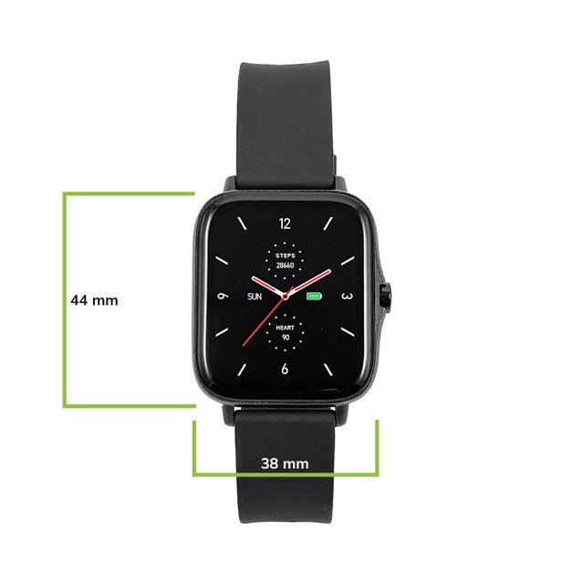 Maxcom FW55 smartwatch zwart met aanduiding van de afmetingen: 44 mm hoog en 38 mm breed. Maxcom FW55 smartwatch zwart met aanduiding van de afmetingen: 44 mm hoog en 38 mm breed.