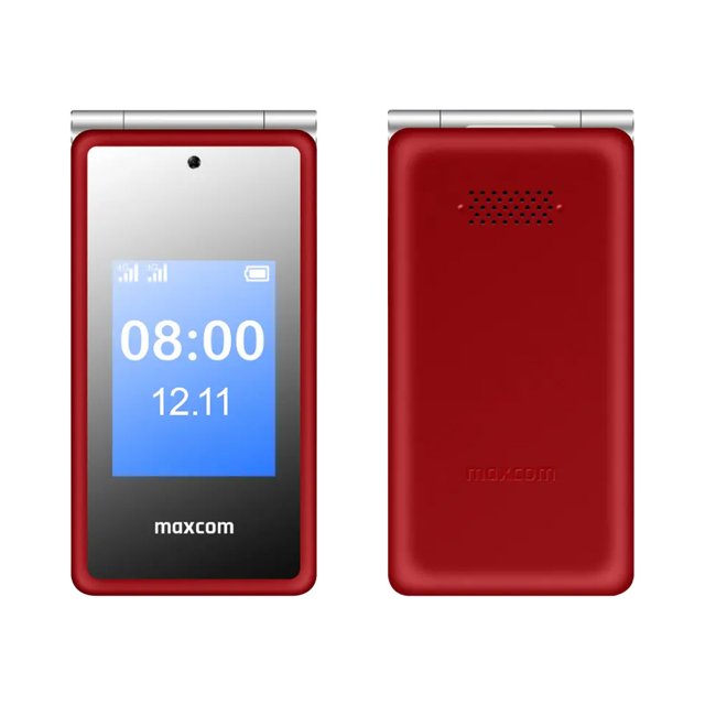 Maxcom MM835 rode senioren klaptelefoon 4G voorzijde met klok en achterzijde met luidspreker Maxcom MM835 rode senioren klaptelefoon 4G voorzijde met klok en achterzijde met luidspreker