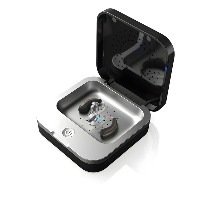 Dry-Care UV 1.1 hoortoestel droogstation zwart open met twee hoortoestellen binnenin Dry-Care UV 1.1 hoortoestel droogstation zwart open met twee hoortoestellen binnenin