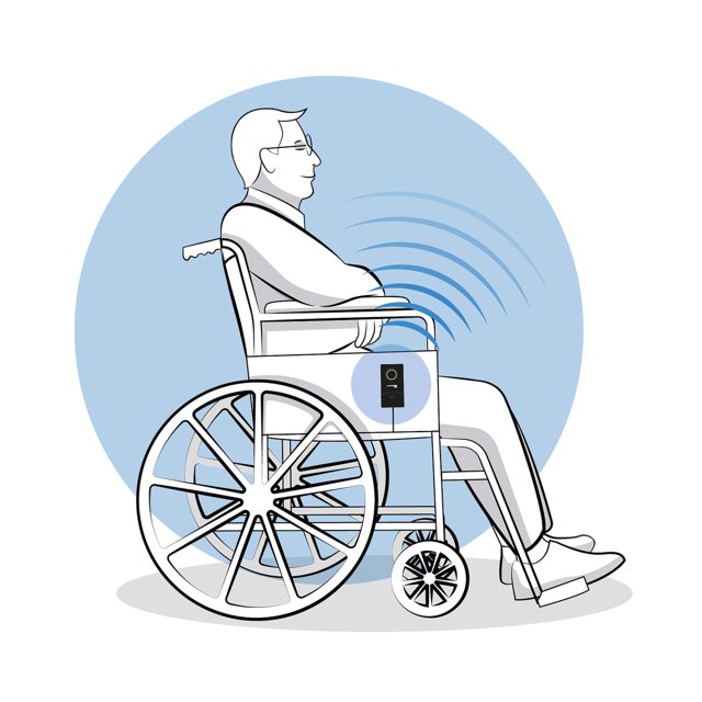 Illustratie van Geemarc PSA200 gebruikt bij rolstoel voor valdetectie Illustratie van Geemarc PSA200 gebruikt bij rolstoel voor valdetectie