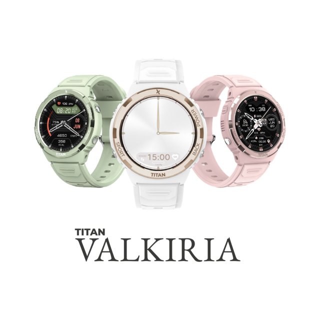 Drie varianten van de Maxcom Valkiria smartwatch in groen, wit en roze met Titan Valkiria branding.