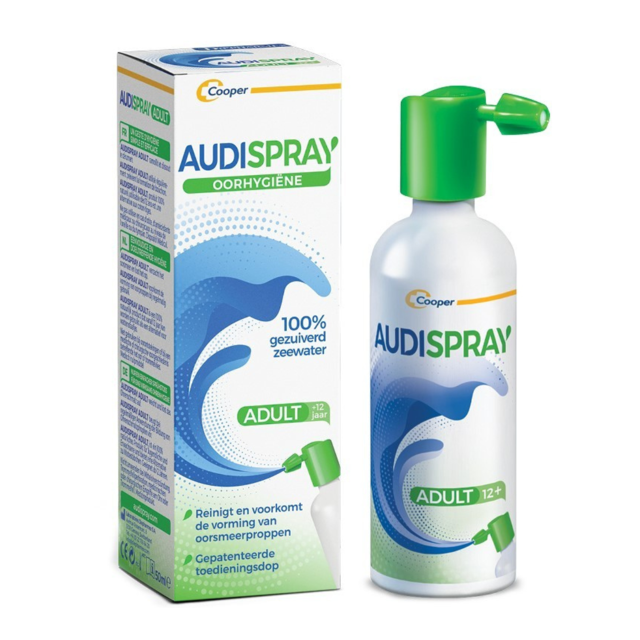 Audispray oorreiniger 50ml voor volwassenen vanaf 12 jaar met verpakking en groene doseerdop tegen oorsmeer