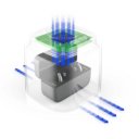 Flowmed Dry-Cap UV 2.1 – Technische illustratie van luchtstroom en UV-reiniging bij hoortoestellen Flowmed Dry-Cap UV 2.1 – Technische illustratie van luchtstroom en UV-reiniging bij hoortoestellen
