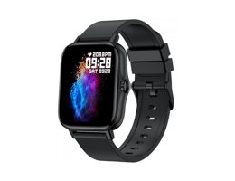 Maxcom FW55 smartwatch in het zwart met kleurrijk digitaal display en zwarte siliconen polsband.