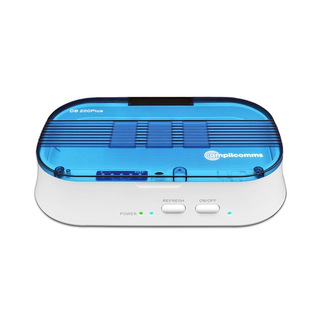 Amplicomms DB200 Plus – Hoortoestel droogbox met blauw transparant deksel en statuslampjes