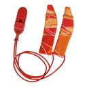Ear Gear FM hoes in oranje-rood design met bevestigingskoord – opvallende bescherming voor grotere hoortoestellen