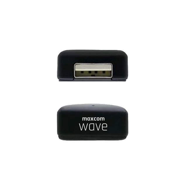 Boven- en onderzijde van de Maxcom Wave MC02 adapter met branding en USB-poort Boven- en onderzijde van de Maxcom Wave MC02 adapter met branding en USB-poort