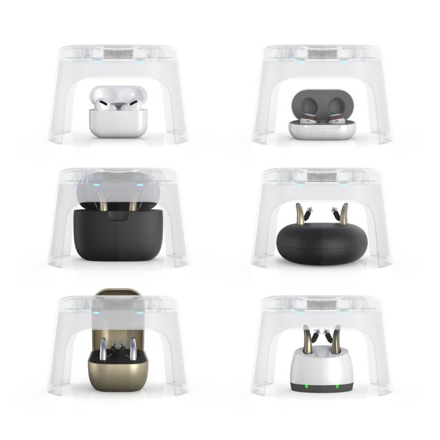 Flowmed Dry-Cap UV 4 droogkap toepassing met verschillende hoortoestellen en oplaadstations Flowmed Dry-Cap UV 4 droogkap toepassing met verschillende hoortoestellen en oplaadstations