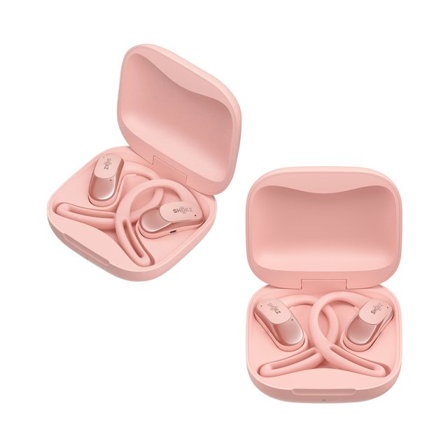 Shokz OpenFit Air roze hoofdtelefoon veilig opgeborgen in compacte oplaadcase Shokz OpenFit Air roze hoofdtelefoon veilig opgeborgen in compacte oplaadcase