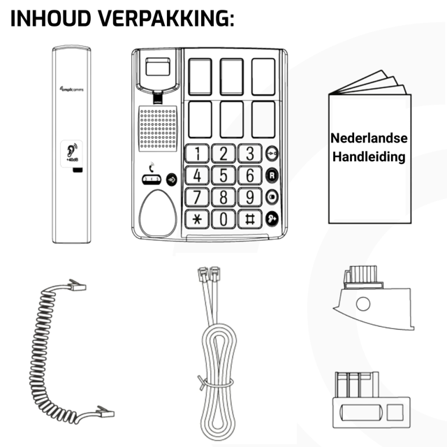 Illustratie van de inhoud van de verpakking van de AmpliComms BigTel 40 Plus Zwart, inclusief telefoon, hoorn, kabels en Nederlandstalige handleiding Illustratie van de inhoud van de verpakking van de AmpliComms BigTel 40 Plus Zwart, inclusief telefoon, hoorn, kabels en Nederlandstalige handleiding