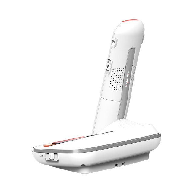Swissvoice Xtra 2355 draadloze seniorentelefoon in zijaanzicht met ergonomisch ontwerp en visuele oproepindicator