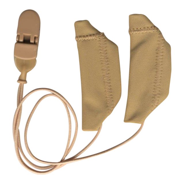 Beige Ear Gear Cochlear met koord – comfortabele hoes voor cochleaire toestellen van 5 tot 7 cm