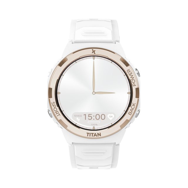 Vooraanzicht van de Maxcom Valkiria smartwatch met witte analoge wijzerplaat en subtiele dataweergave.