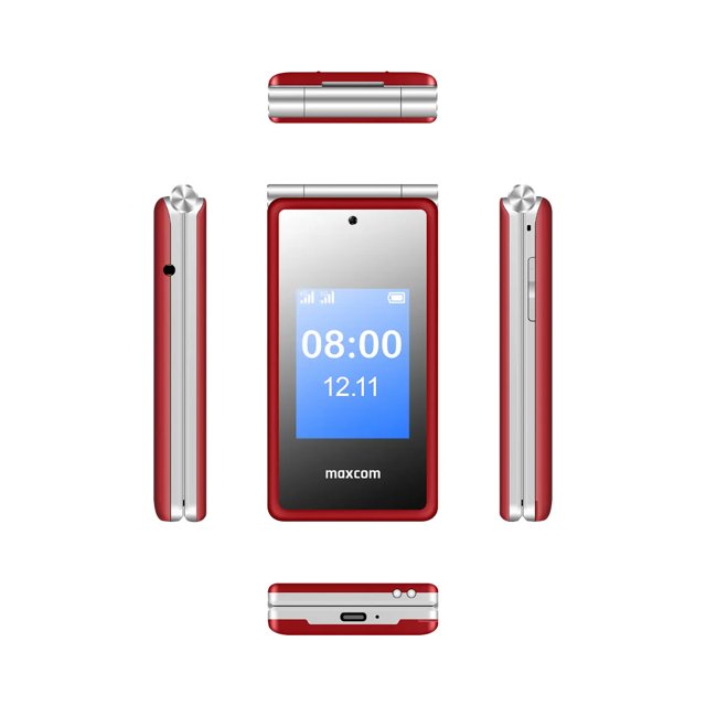 Maxcom MM835 rode senioren 4G klaptelefoon meerdere aanzichten met scherm en aansluitingen Maxcom MM835 rode senioren 4G klaptelefoon meerdere aanzichten met scherm en aansluitingen