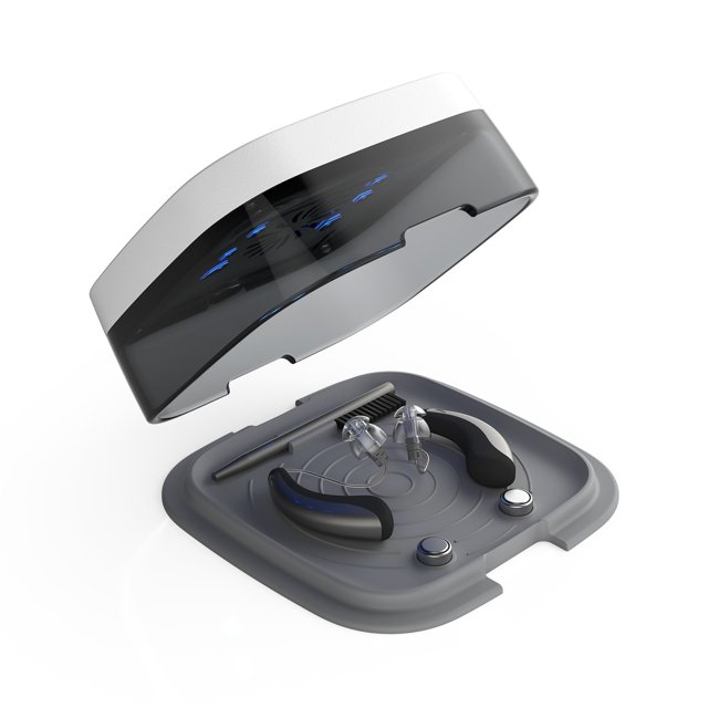 Flowmed Dry-Turbo CD 2.1 droogbox open met hoortoestellen en accessoires Flowmed Dry-Turbo CD 2.1 droogbox open met hoortoestellen en accessoires
